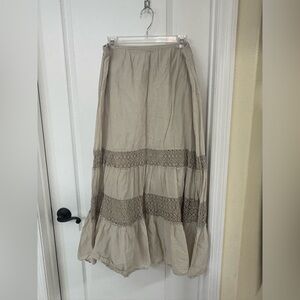 Style & Co Boho Tiered Maxi Skirt Cotton Small Beige Crochet Lace Elastic Waist